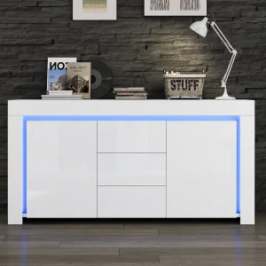 Glanzende woonkamerkast met 3 laden + 2 deuren + LED's – 140 x 40 x 65 cm – MDF – wit