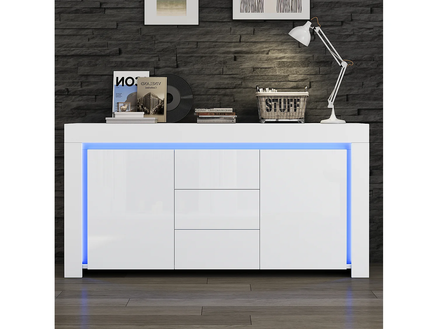 Glanzende woonkamerkast met 3 laden + 2 deuren + LED's - 140 x 40 x 65 cm - MDF - wit