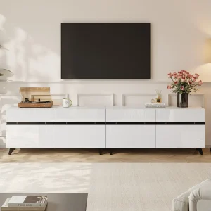 Glanzende tv-kast 180 x 40 x 49 cm – met 4 kasten en verstelbare verdelers – voor 80 inch tv – MDF – wit Glanzende tv-kast 180 x 40 x 49 cm – met 4 kasten en verstelbare verdelers – voor 80 inch tv – MDF – wit