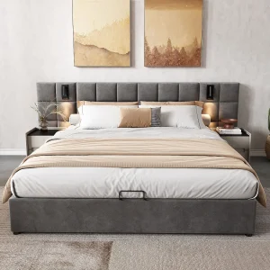 Gestoffeerd bed met hydraulische opbergruimte, richtbare lamp en USB, 160×200 cm, grijs, hoofdeinde van schuim Gestoffeerd bed met hydraulische opbergruimte, richtbare lamp en USB, 160×200 cm, grijs, hoofdeinde van schuim
