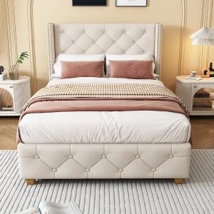Gestoffeerd bed 90×200 cm met lattenbodem en hoofdbord, knoopbekleding, nagelbekleding, houten poten, linnen, beige