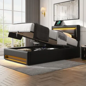 Gestoffeerd bed 90 x 190 cm met USB-aansluiting, LED-verlichting en opbergruimte, zwart
