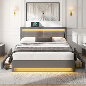 Gestoffeerd bed 140 x 200 cm met USB-aansluitingen, LED-verlichting en 4 lades, grijs Gestoffeerd bed 140 x 200 cm met USB-aansluitingen, LED-verlichting en 4 lades, grijs