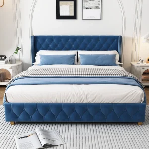Gestoffeerd bed 160×200 cm met lattenbodem en hoofdbord, knoopbekleding, nagels, houten poten, fluweel, blauw