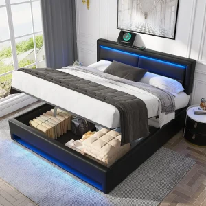 Gestoffeerd bed 140 x 200 cm met USB-aansluiting, LED-verlichting en opbergruimte, zwart Gestoffeerd bed 140 x 200 cm met USB-aansluiting, LED-verlichting en opbergruimte, zwart