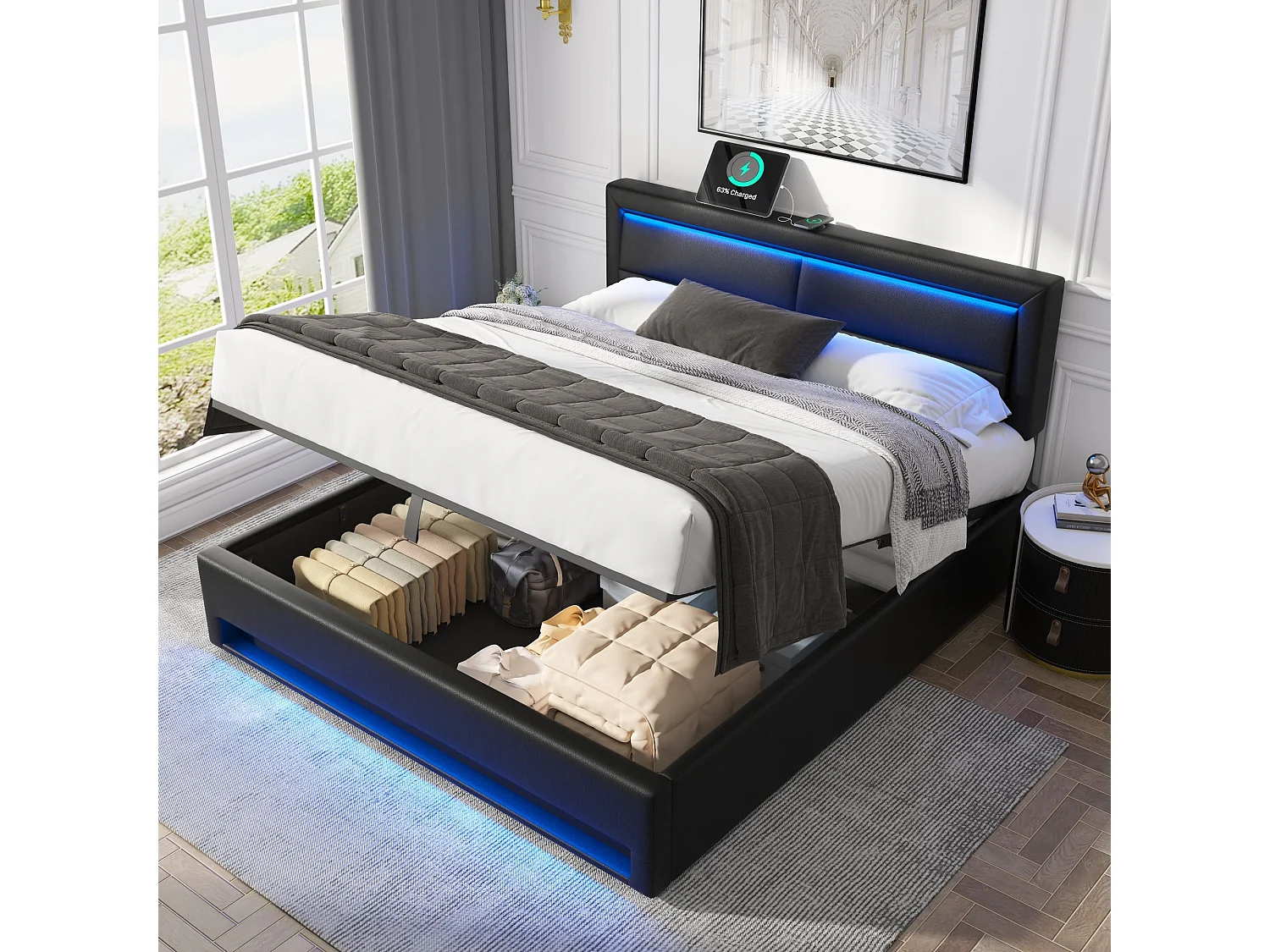 Gestoffeerd bed 140 x 200 cm met USB-aansluiting, LED-verlichting en opbergruimte, zwart