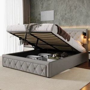 Gestoffeerd bed 160×200 cm, met LED-verlichting en USB-aansluiting, hoofdbord van linnen, hydraulische structuur, ingebouwde opslag Gestoffeerd bed 160×200 cm, met LED-verlichting en USB-aansluiting, hoofdbord van linnen, hydraulische structuur, ingebouwde opslag