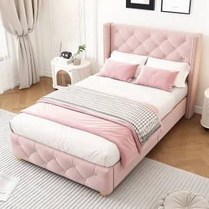 Gestoffeerd bed 90×200 cm met lattenbodem en hoofdeinde, knoopbekleding, nagels, houten poten, fluweel, roze