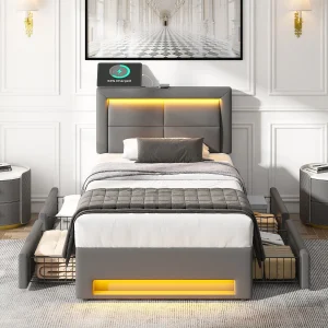 Gestoffeerd bed 90×200 cm met USB-aansluiting, LED-verlichting en 4 lades, zonder matras, grijs