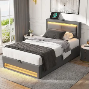 Gestoffeerd bed 90 x 200 cm met USB-aansluitingen, LED-verlichting en opbergruimte, grijs