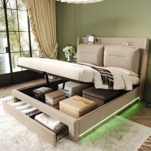 Gestoffeerd bed met LED 140×190 cm, beige, hydraulisch bed en 2-in-1 opbergruimte Gestoffeerd bed met LED 140×190 cm, beige, hydraulisch bed en 2-in-1 opbergruimte