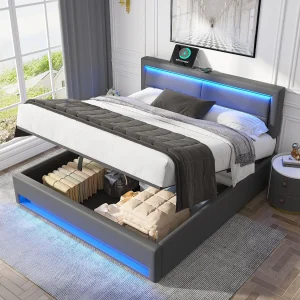 Gestoffeerd bed 140 x 200 cm, met USB-aansluiting, LED-verlichting en opbergruimte, grijs Gestoffeerd bed 140 x 200 cm, met USB-aansluiting, LED-verlichting en opbergruimte, grijs