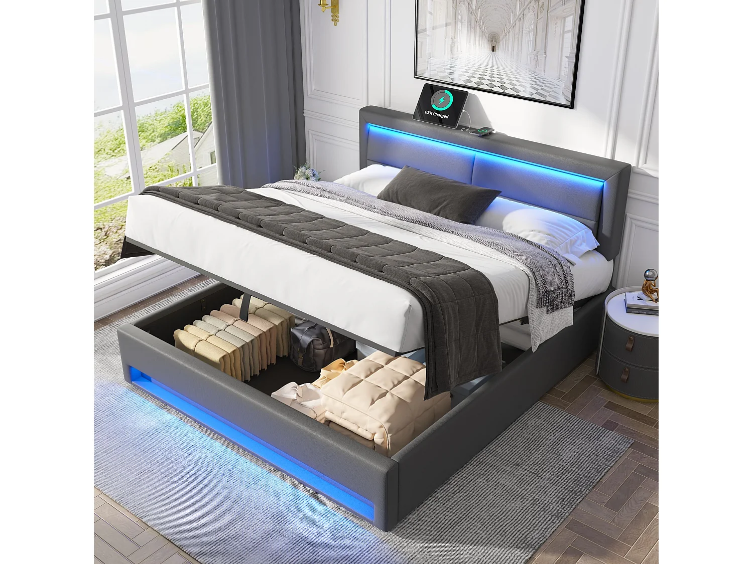 Gestoffeerd bed 140 x 200 cm, met USB-aansluiting, LED-verlichting en opbergruimte, grijs