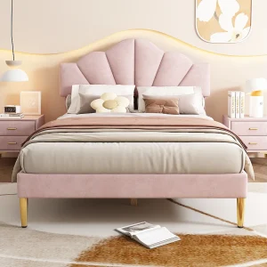 Gestoffeerd bed van fluweel in roze 140×190 cm met verstelbare hoofdbord en gouden metalen poten