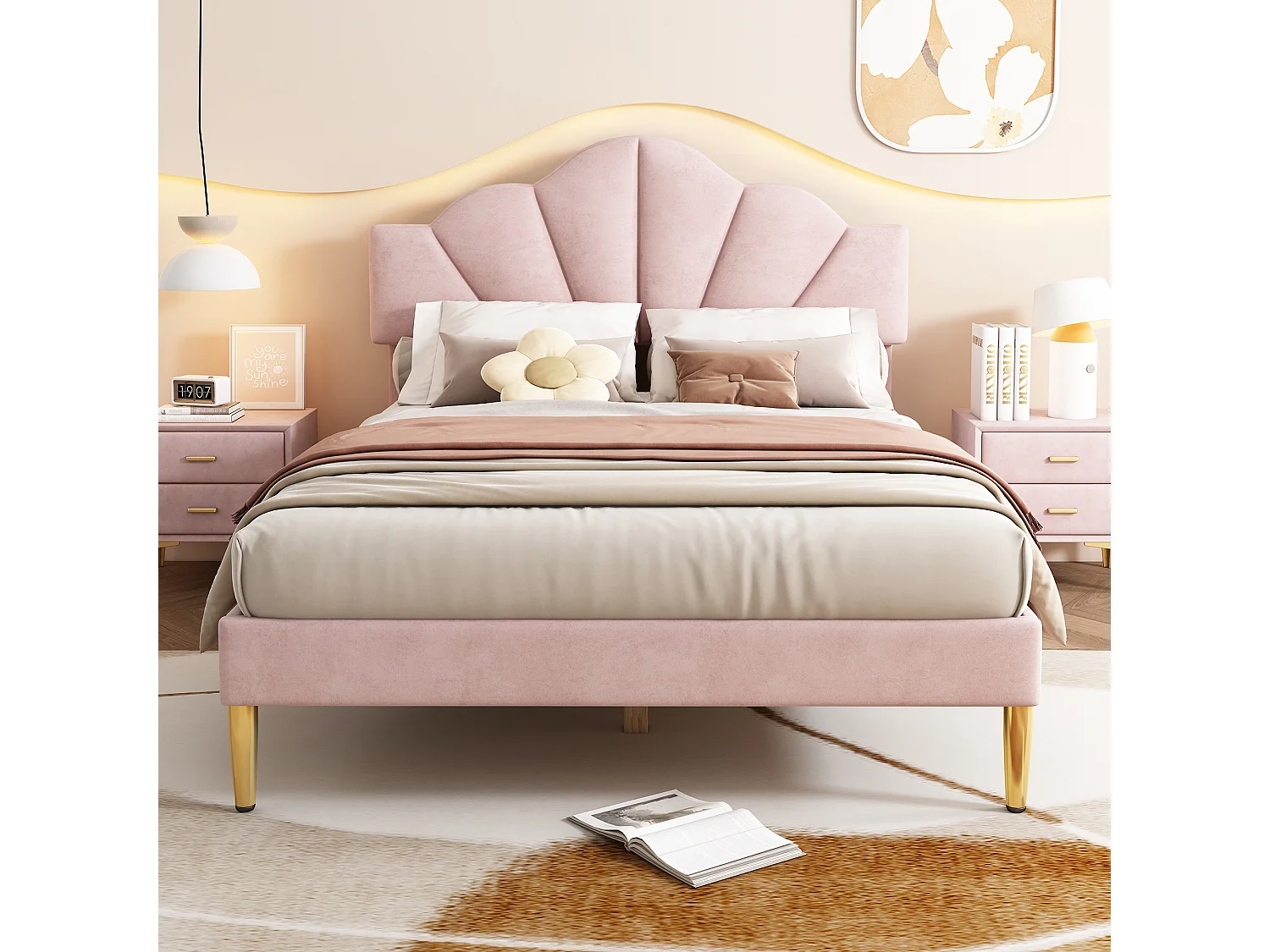 Gestoffeerd bed van fluweel in roze 140×190 cm met verstelbare hoofdbord en gouden metalen poten