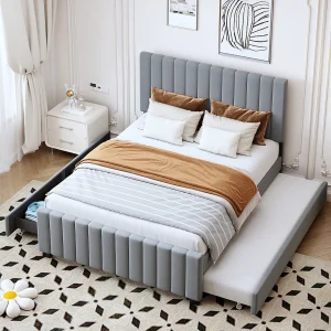 Grijs bedframe 140x190cm met uitschuifbed 90x190cm, volwassen bed met 2 lades, zonder matras Grijs bedframe 140x190cm met uitschuifbed 90x190cm, volwassen bed met 2 lades, zonder matras