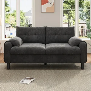 Grijze 2-zits rechte bank met kussens en zijzakken, chenille stof 158x80x88,5cm Grijze 2-zits rechte bank met kussens en zijzakken, chenille stof 158x80x88,5cm
