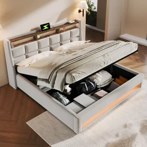 Gestoffeerd bed 160×200 cm in beige met LED-verlichting en USB-aansluiting, comfortabele hoofdeinde