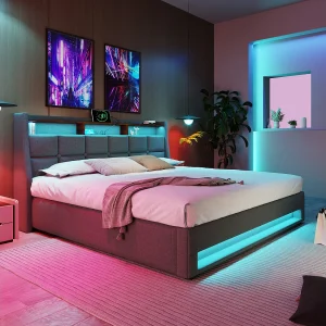 Gestoffeerd bed 140×200 cm met LED-verlichting en praktische opbergruimte in grijs linnen