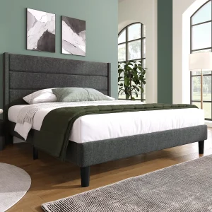 Gestoffeerd bed 140 x 200 cm, bedframe met lattenbodem en hoofdbord, linnen bekleding in donkergrijs, tijdloos modern ontwerp Gestoffeerd bed 140 x 200 cm, bedframe met lattenbodem en hoofdbord, linnen bekleding in donkergrijs, tijdloos modern ontwerp