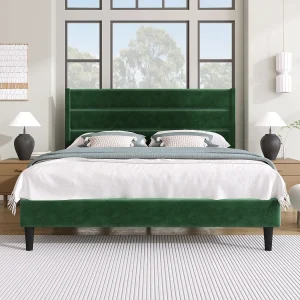 Gestoffeerd bed 140 x 200 cm, bedframe met lattenbodem & hoofdbord, bekleding van donkergroen fluweel, tijdloos modern ontwerp Gestoffeerd bed 140 x 200 cm, bedframe met lattenbodem & hoofdbord, bekleding van donkergroen fluweel, tijdloos modern ontwerp