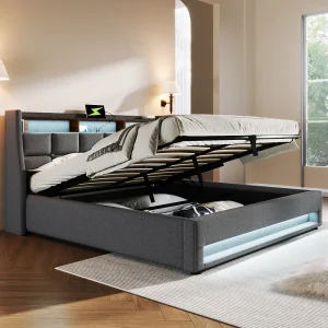Gestoffeerd bed 160×200 cm met LED-verlichting en USB, linnen frame, modern vintage ontwerp