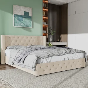 Gestoffeerd bed van fluweel in beige 140×190 cm met opbergruimte en hydraulisch systeem – stevig frame – eenvoudig te Gestoffeerd bed van fluweel in beige 140×190 cm met opbergruimte en hydraulisch systeem – stevig frame – eenvoudig te