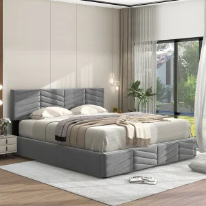 Gestoffeerd bed 140×200 cm van grijs fluweel met verstelbare hoofdbord en praktische opbergruimte – stevig frame – eleg Gestoffeerd bed 140×200 cm van grijs fluweel met verstelbare hoofdbord en praktische opbergruimte – stevig frame – eleg