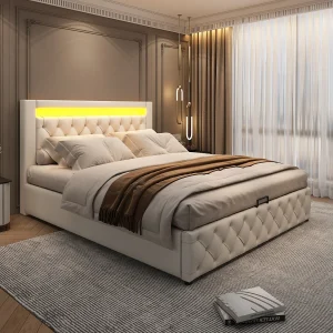 Gestoffeerd bed 140 x 200 cm, functioneel bed met lattenbodem en opbergruimte, met LED-verlichting, wit – stevig frame Gestoffeerd bed 140 x 200 cm, functioneel bed met lattenbodem en opbergruimte, met LED-verlichting, wit – stevig frame