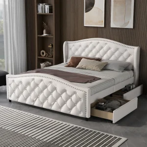 Gestoffeerd bed 140 x 200 cm – Bed met lattenbodem, 2 lades en hoofdbord van PU wit – Chesterfield-stijl – stevig frame Gestoffeerd bed 140 x 200 cm – Bed met lattenbodem, 2 lades en hoofdbord van PU wit – Chesterfield-stijl – stevig frame