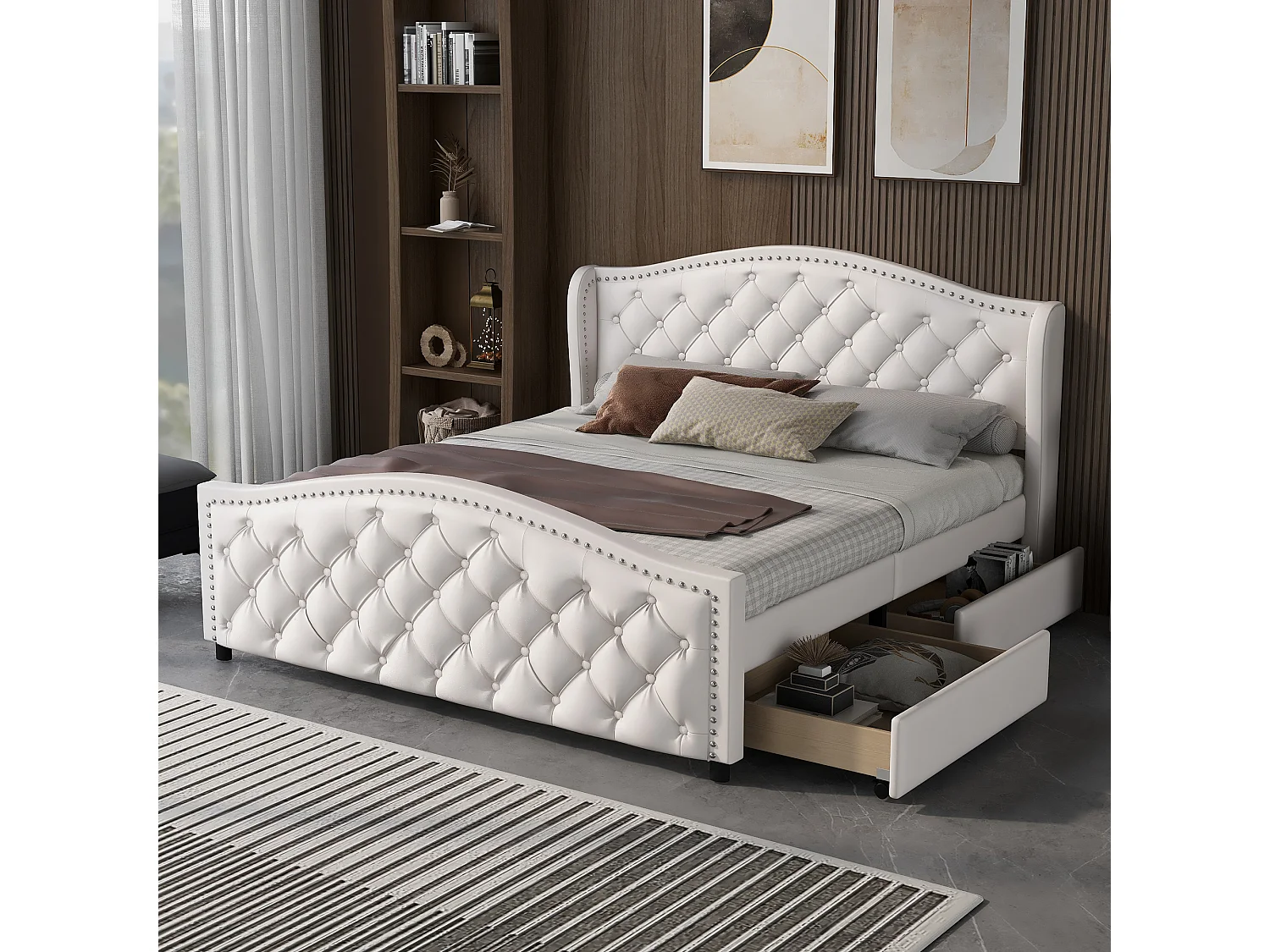 Gestoffeerd bed 140 x 200 cm - Bed met lattenbodem, 2 lades en hoofdbord van PU wit - Chesterfield-stijl – stevig frame
