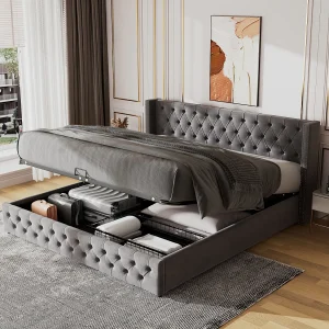 Gestoffeerd bed Gestoffeerd Chesterfield bed 180×200 cm, grijs, met ladder en veiligheidshekje, hydraulische opbergruimte