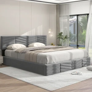 Gestoffeerd bed van grijs fluweel 160 x 200 cm met verstelbare hoofdbord en hydraulische opbergruimte – stevig frame – eleg