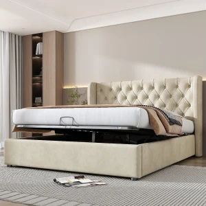 Gestoffeerd bed in beige fluweel, 140×190 cm, met ladder en veiligheidsleuning, opbergruimte – stevig frame – eenvoudig Gestoffeerd bed in beige fluweel, 140×190 cm, met ladder en veiligheidsleuning, opbergruimte – stevig frame – eenvoudig