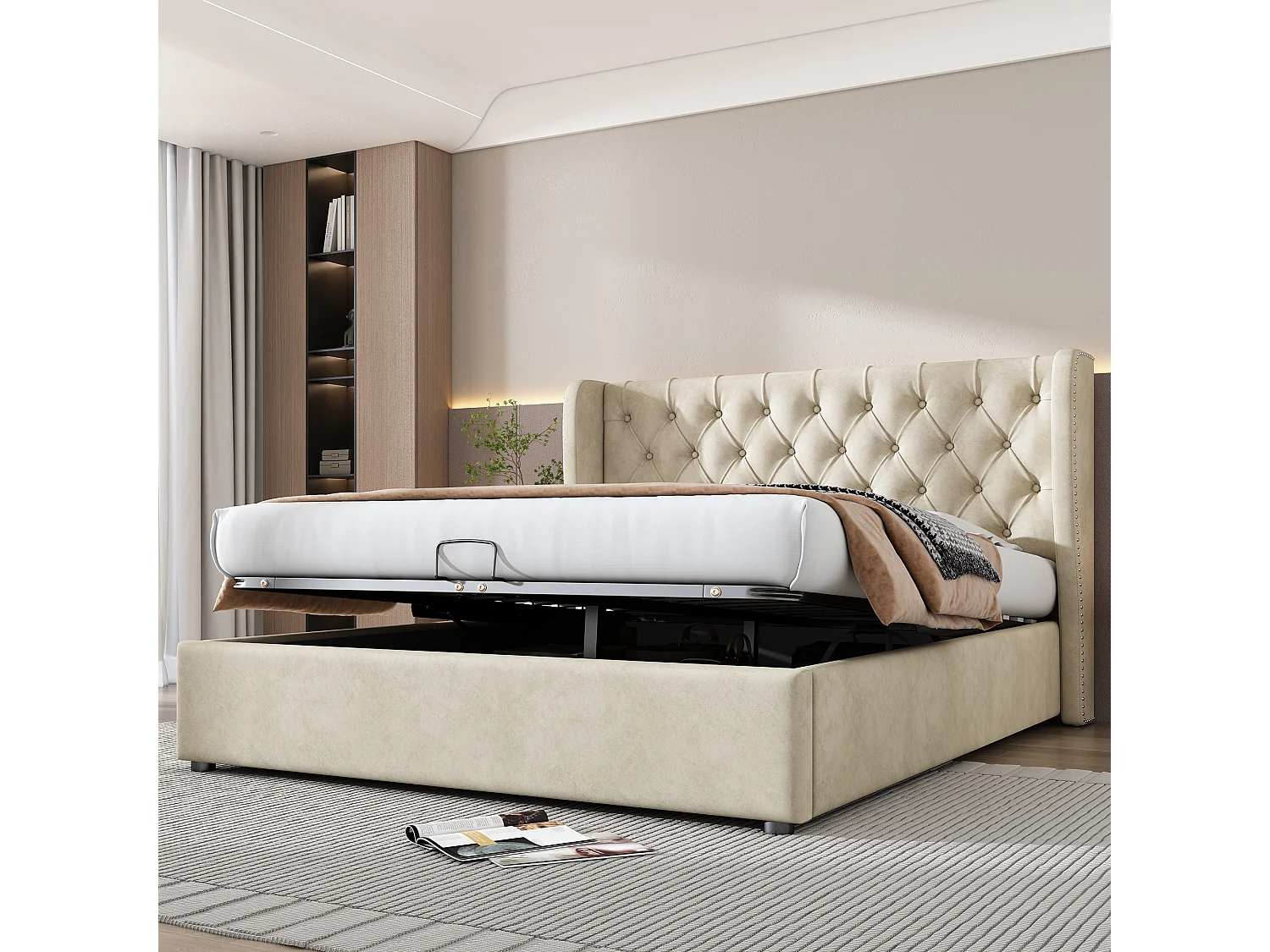 Gestoffeerd bed in beige fluweel, 140×190 cm, met ladder en veiligheidsleuning, opbergruimte – stevig frame – eenvoudig