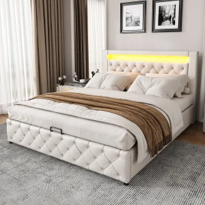Gestoffeerd bed 160 x 200 cm, functional bed with slatted base and storage, with LED lighting, white – stevig frame –eleg Gestoffeerd bed 160 x 200 cm, functional bed with slatted base and storage, with LED lighting, white – stevig frame –eleg