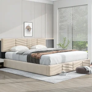 Gestoffeerd bed 160 x 200 cm van beige velvet met verstelbare hoofdbord en hydraulische opbergruimte – stevig frame – eleg Gestoffeerd bed 160 x 200 cm van beige velvet met verstelbare hoofdbord en hydraulische opbergruimte – stevig frame – eleg