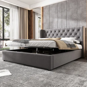 Gestoffeerd bed met grijze velvet bekleding 140×190 cm, ladder en veiligheidshekje, opbergruimte – stevig frame –  eleg