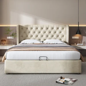 Gestoffeerd bed Gestoffeerd Chesterfield bed 160×200 cm in beige fluweel met hoge rugleuning en hydraulische opbergruimte