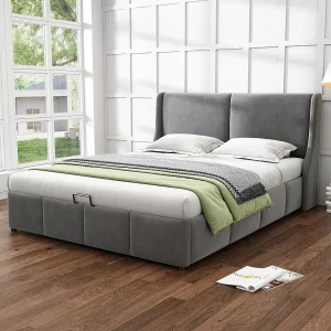 Gestoffeerd bed met kussenhoofdeinde, 140×200 cm, grijs, met opbergruimte en lattenbodem – stevig frame – eenvoudig te Gestoffeerd bed met kussenhoofdeinde, 140×200 cm, grijs, met opbergruimte en lattenbodem – stevig frame – eenvoudig te
