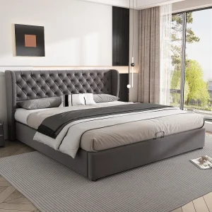 Gestoffeerd bed Gestoffeerd Chesterfield bed 160×200 cm in grijs fluweel met hoge rugleuning en hydraulische opbergruimte