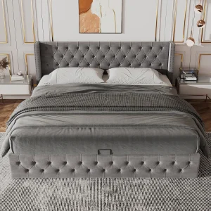 Gestoffeerd bed 140×190 cm van grijs fluweel met opbergruimte en ladder, Chesterfield-stijl – stevig frame – eenvoudig Gestoffeerd bed 140×190 cm van grijs fluweel met opbergruimte en ladder, Chesterfield-stijl – stevig frame – eenvoudig