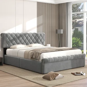 Gestoffeerd bed 140 x 200 cm van grijs fluweel met verstelbare hoofdbord en hydraulische opbergruimte – stevig frame – eleg Gestoffeerd bed 140 x 200 cm van grijs fluweel met verstelbare hoofdbord en hydraulische opbergruimte – stevig frame – eleg