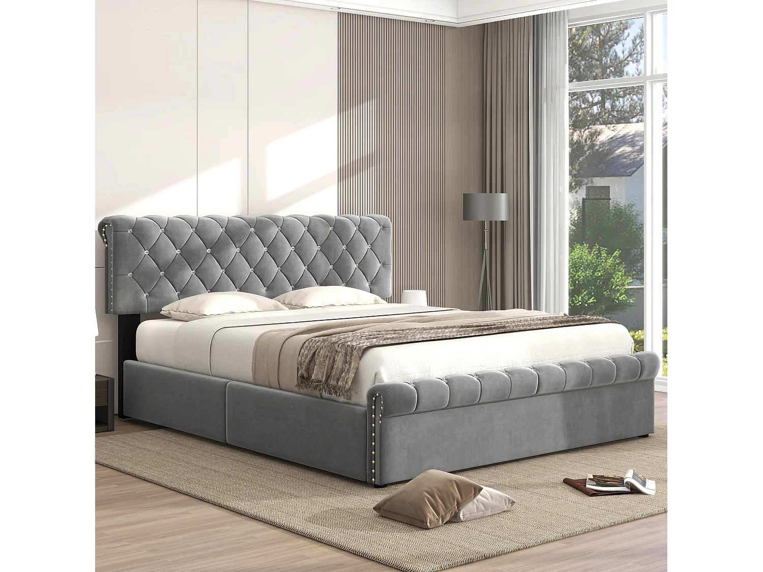 Gestoffeerd bed 140 x 200 cm van grijs fluweel met verstelbare hoofdbord en hydraulische opbergruimte – stevig frame – eleg