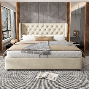 Gestoffeerd bed Beige velours bed 140×200 cm met hoge rugleuning en hydraulische opbergruimte – stevig frame – eenvoudig