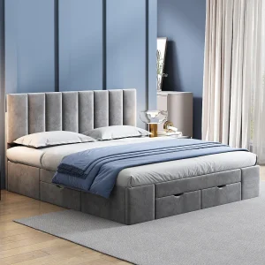 Gestoffeerd bed 160 x 200 cm van velvet, met lattenbodem en 4 lades, grijs – stevig frame – eenvoudig te monteren – eleg Gestoffeerd bed 160 x 200 cm van velvet, met lattenbodem en 4 lades, grijs – stevig frame – eenvoudig te monteren – eleg