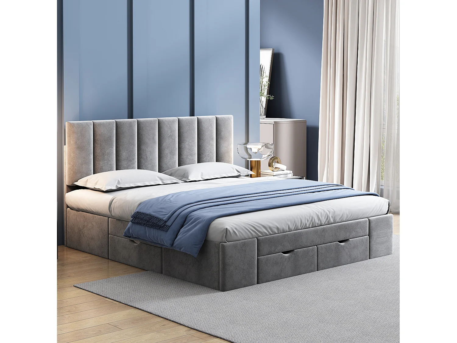 Gestoffeerd bed 160 x 200 cm van velvet, met lattenbodem en 4 lades, grijs – stevig frame – eenvoudig te monteren – eleg