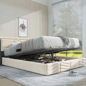 Gestoffeerd bed 140×200 cm met lattenbodem en verstelbare hoofdbord, in beige fluweel – stevig frame – eenvoudig te – eleg Gestoffeerd bed 140×200 cm met lattenbodem en verstelbare hoofdbord, in beige fluweel – stevig frame – eenvoudig te – eleg