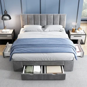 Gestoffeerd bed 140 x 200 cm van velvet, met lattenbodem, verstelbare rugleuning en 4 lades, grijs – stevig frame – eleg Gestoffeerd bed 140 x 200 cm van velvet, met lattenbodem, verstelbare rugleuning en 4 lades, grijs – stevig frame – eleg