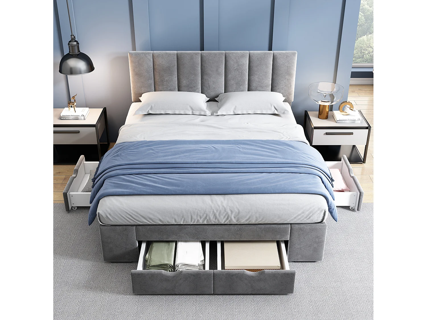 Gestoffeerd bed 140 x 200 cm van velvet, met lattenbodem, verstelbare rugleuning en 4 lades, grijs – stevig frame – eleg